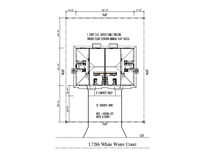 Duplex family dwelling finished floor framing with sanitary details of house dwg file