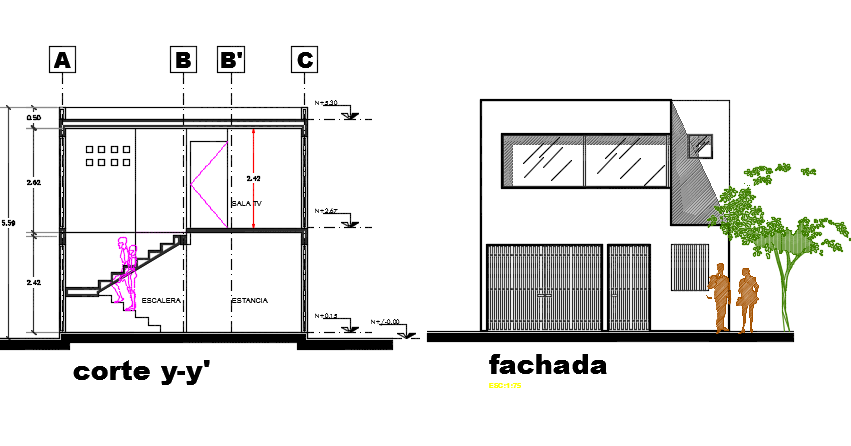 Duplex house elevation and section detail dwg file