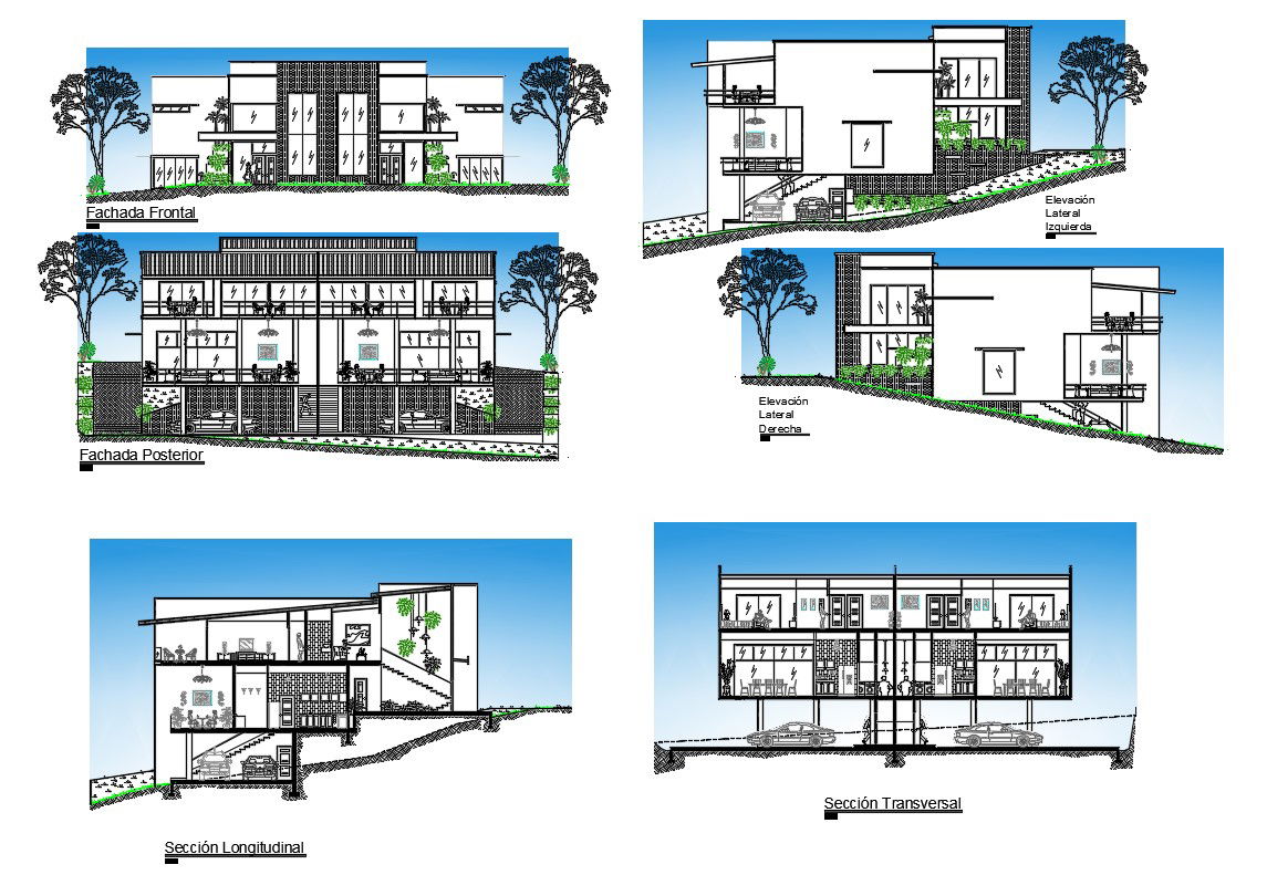 Duplex two family house all sided elevation and section details dwg file