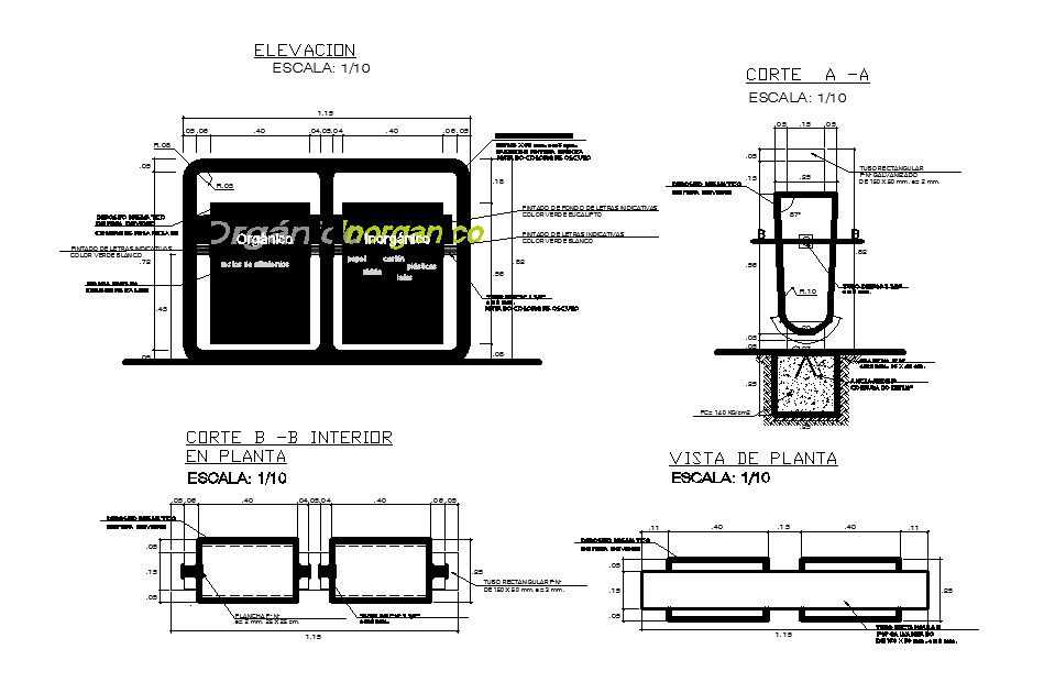 Durable garbage bin garnish and auto-cad details dwg file