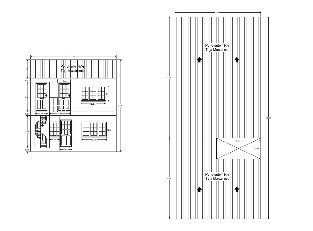 Dwg file of residential bungalow section with roof plan