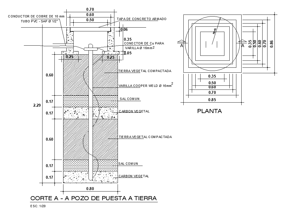Earthing Well Section And Top View Drawing Download DWG File
