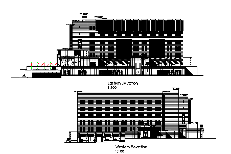 East And West Elevation Hotel Building Elevation design Download DWG File