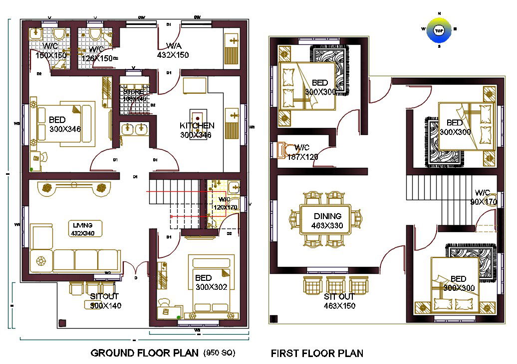 East Facing Direction House Plan With Interior Furniture Drawing (1000 SQFT)