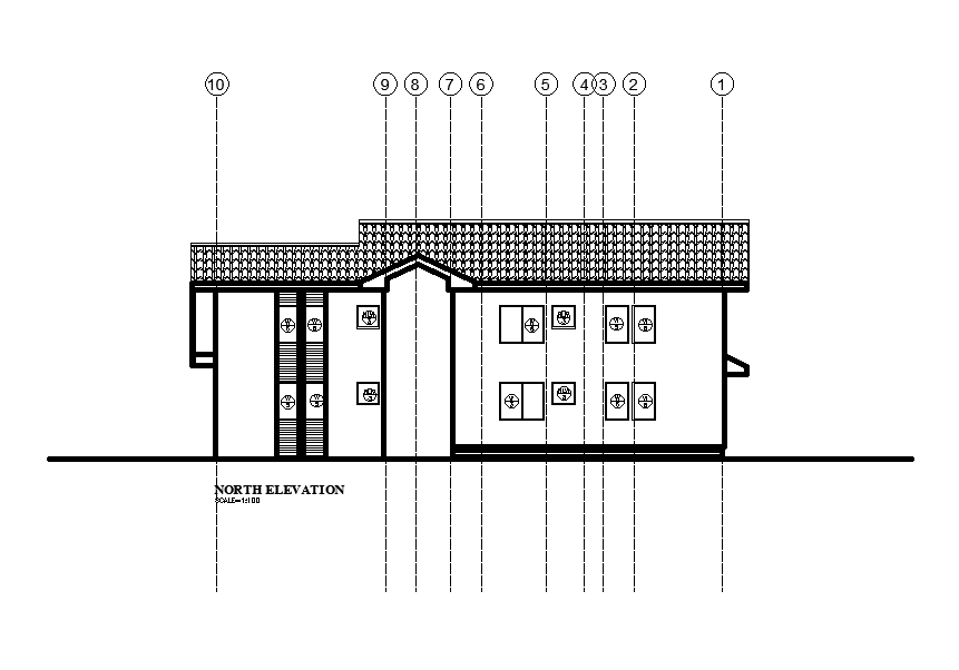 East elevation of the 20x18m house plan is presented in this Autocad 2D drawing file.Download the Autocad drawing file now.