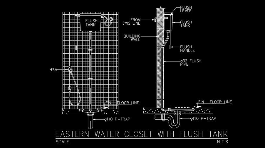 Eastern water closet with flush tank AutoCAD drawing model
