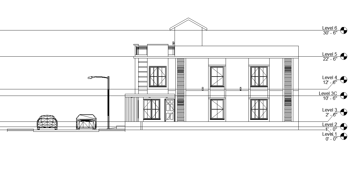 East face elevation of 27’x53’ East facing house plan is given as per vastu shastra in this Autocad drawing file.