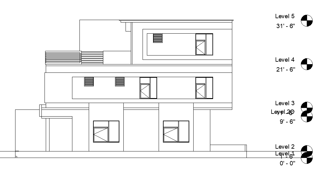 East face elevation of the house plan is given in this 2D Autocad drawing file. Download now.