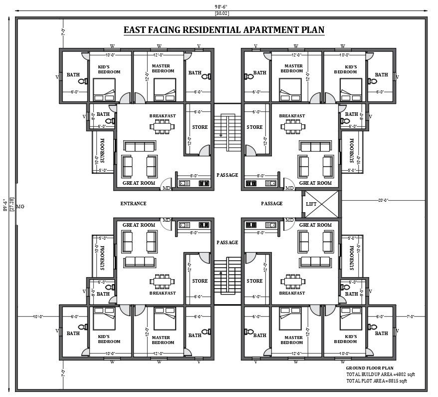 East facing residential plan is given in this Autocad drawing file. Download now.