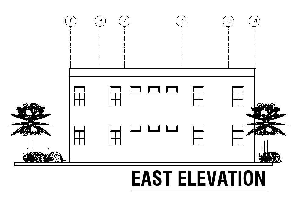 East side elevation of 15x17m house plan is given in this Autocad drawing file. Download now.