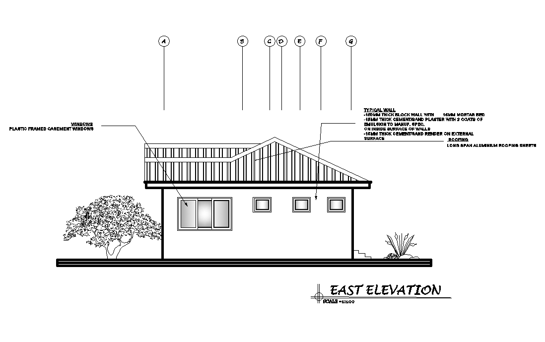 East side elevation of 16x10m house plan is given in this Autocad drawing file.Download now.