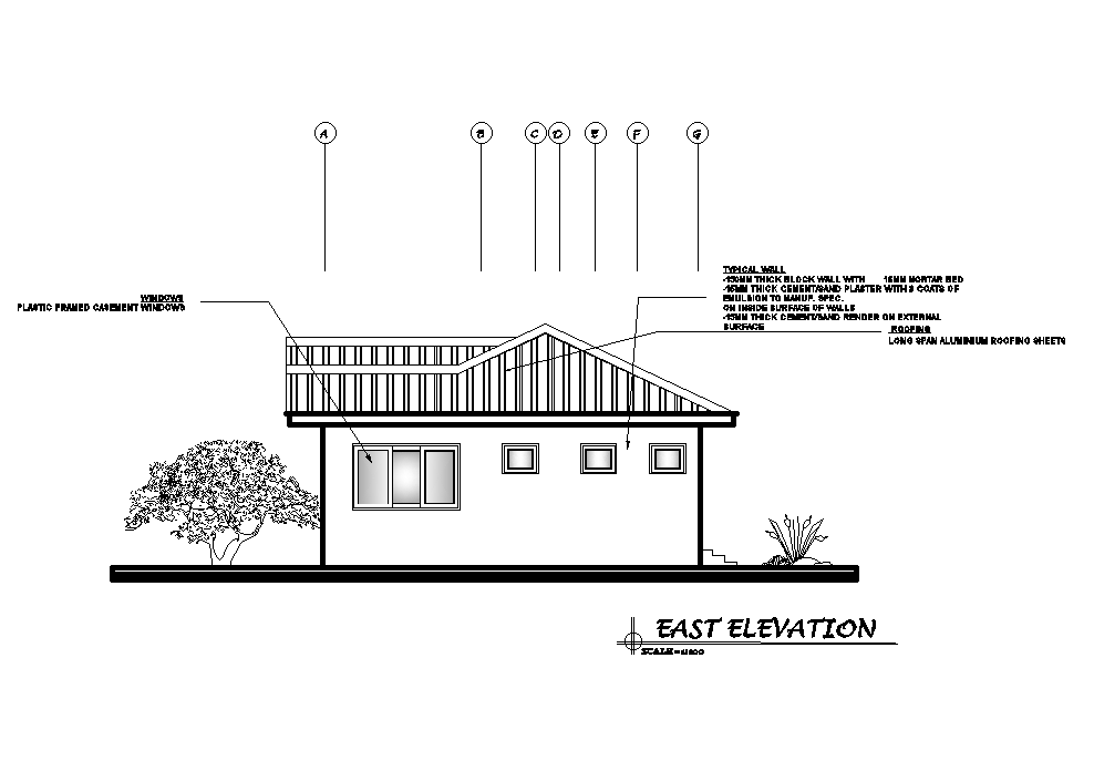 East side elevation of 17x10m house plan is given in this Autocad drawing file. Download now.