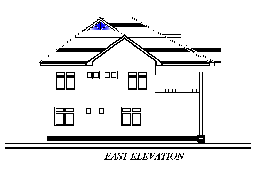 East side elevation of 18x14m first floor house plan is given in this Autocad drawing file. Download now.