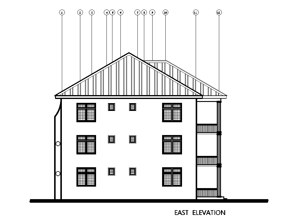 East side elevation of 18x15m house plan of residential building is given in this Autocad drawing model. Download now.
