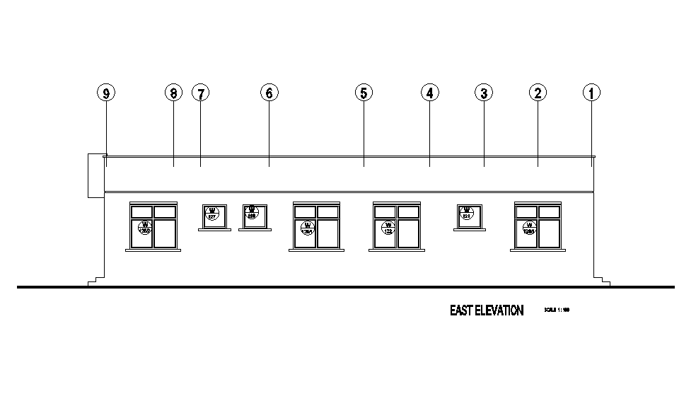 East side elevation of 18x18m residential building plan is given in this Autocad drawing model.Download now.