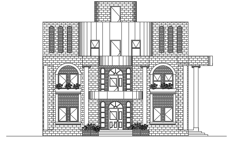 East side elevation view of the 16x15m villa building AutoCAD drawing