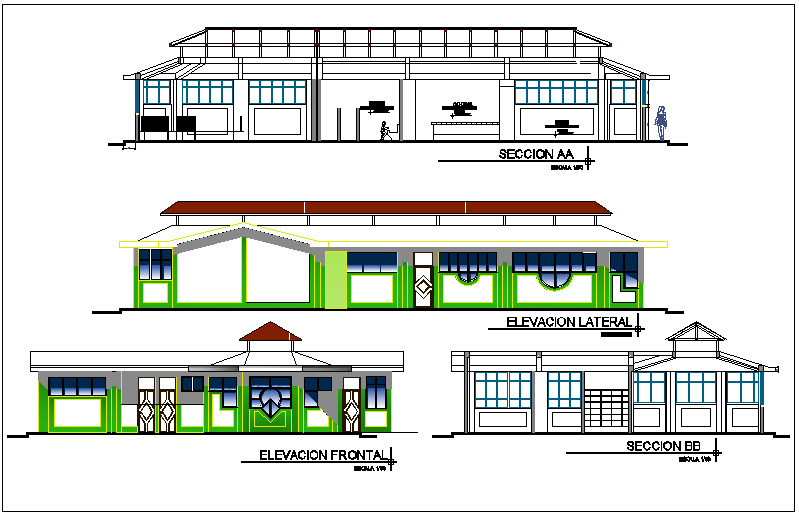 Education center elevation and section view dwg file