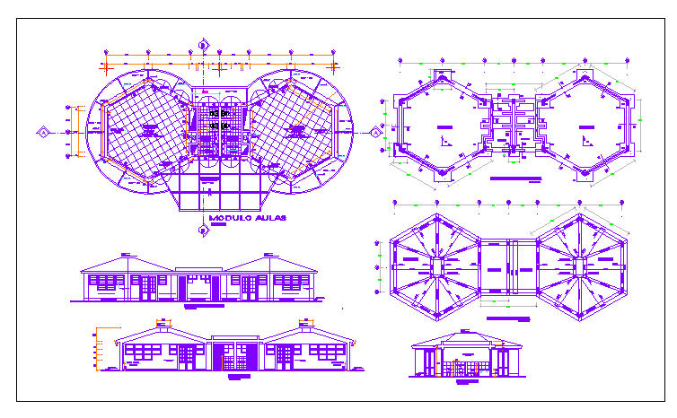 Education institute elevation, section and floor plan details dwg file