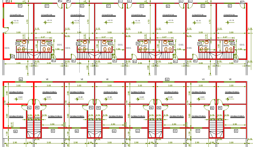 Eight units group habitation architecture structure details dwg file