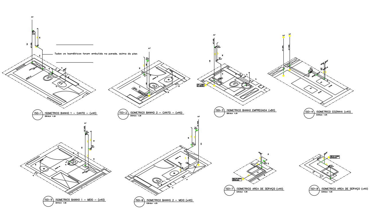 Eight different types of toilet floor plan in isometric view.Download the DWG file for free.