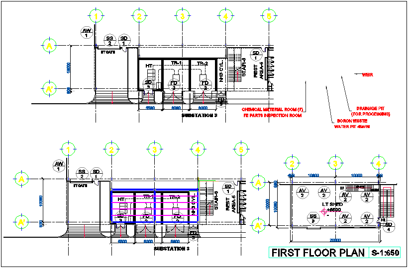 Electric generator room view with floor and roof plan dwg file