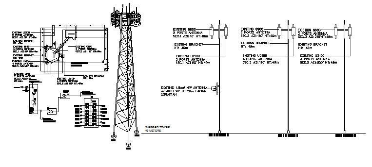 Electric installation of telephonic tower with cabin structure dwg file