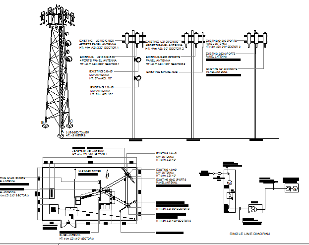 Electric installation of three legged tower design dwg file