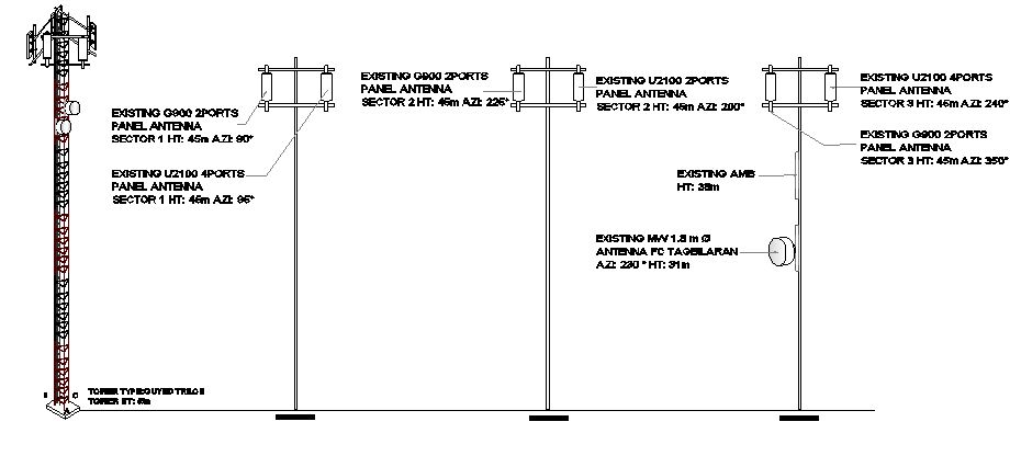 Electric installation of three legged tower with legged details dwg file