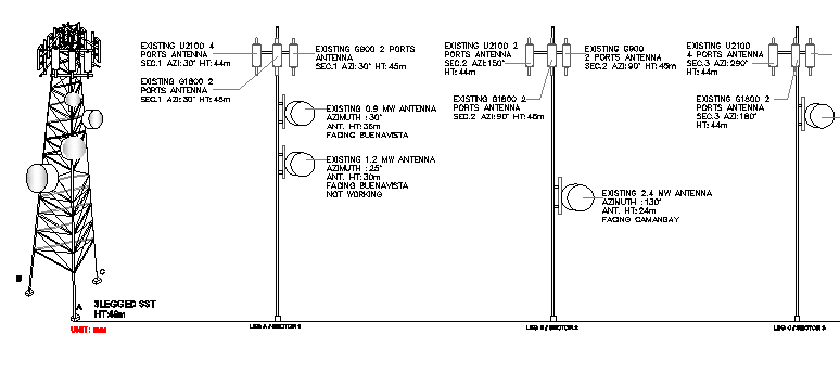 Electric installation of tower with three legs dwg file