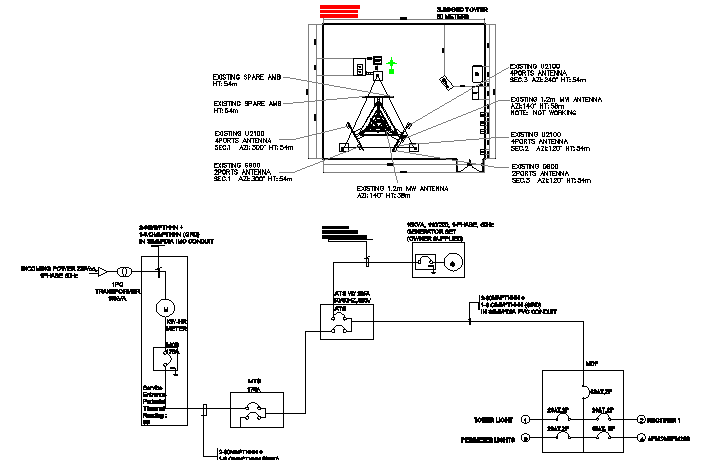 Electric tower cabin and single line diagram details dwg file
