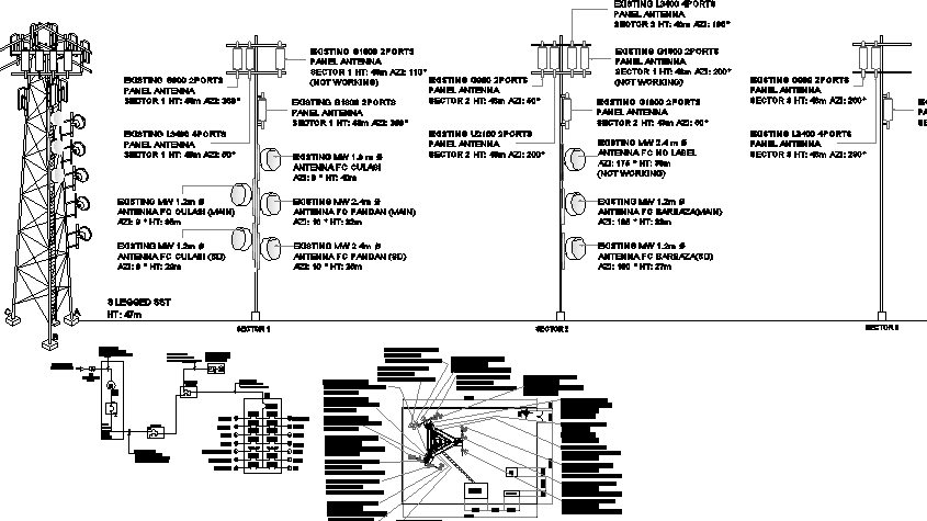 Electric tower details with leg installation and cabin dwg file