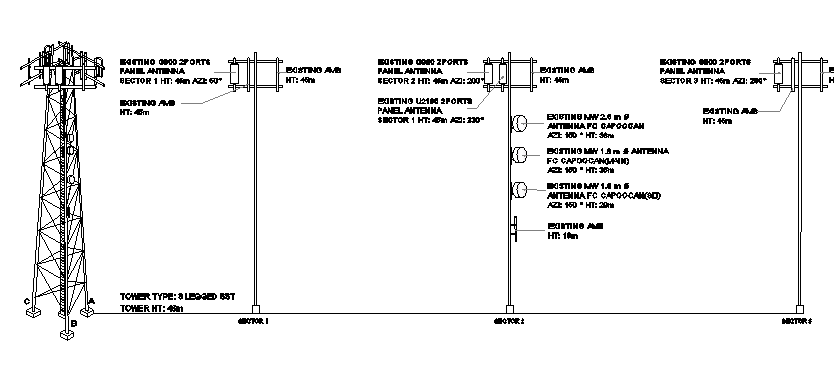 Electric tower installation details with three leg details dwg file