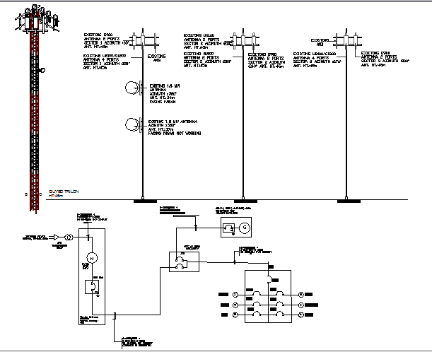 Electric tower installation with single line diagram dwg file