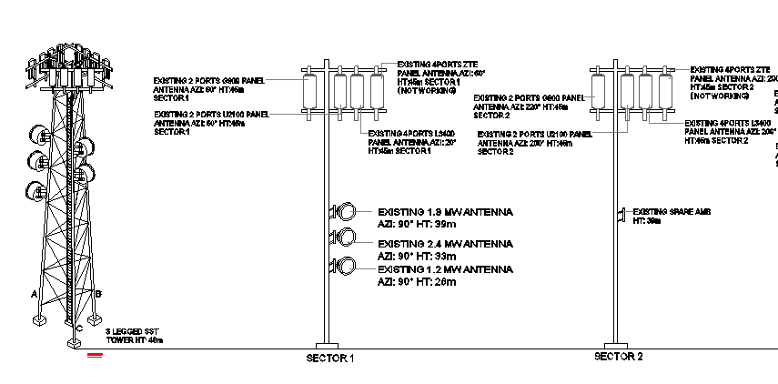 Electric tower installation with two legs details dwg file
