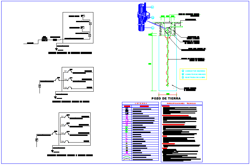 Electrical diagram with its legend and grounding detail dwg file