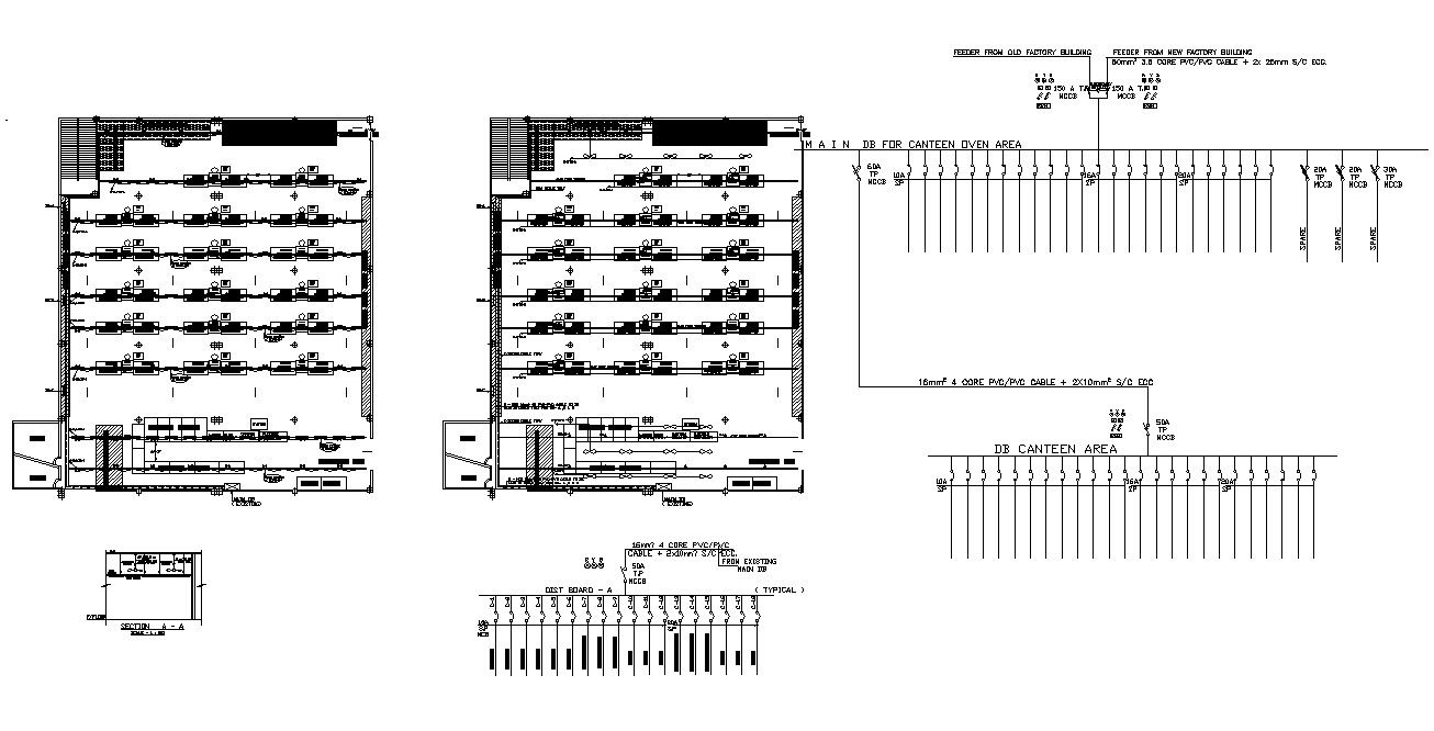 Electrical installation Cafe building plan and section layout autocad format