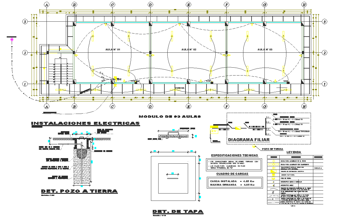 Electrical installation plan with its legend of class room dwg file