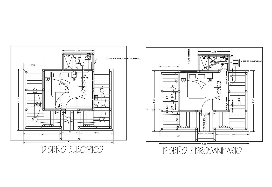 Electrical layout and sanitary installation details of cottage house dwg file
