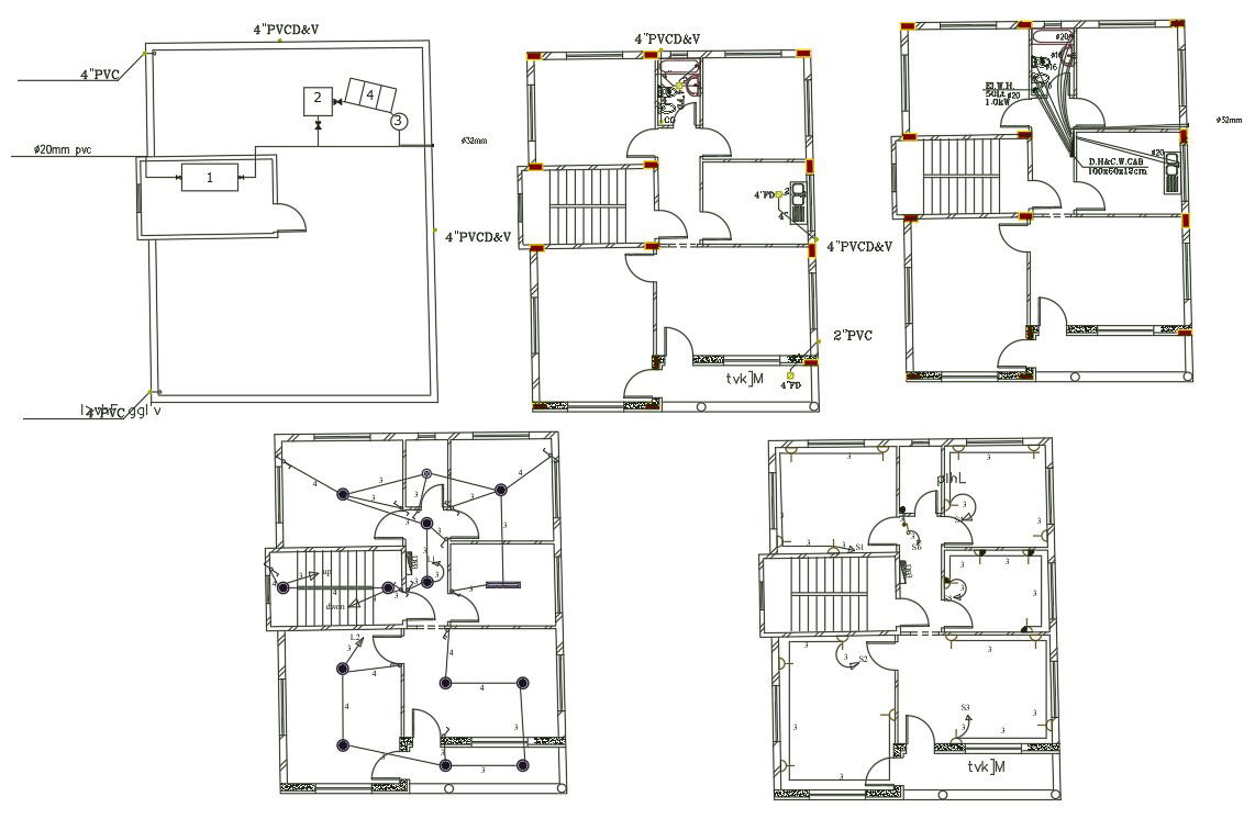 Electrical And Plumbing Layout Plan Of 2 BHK House Project