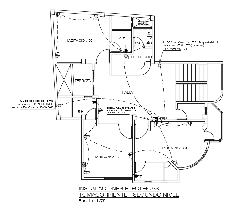 Electrical installation current socket detail of 10x10m commercial cum staying room second floor plan is given in this Autocad drawing file. Download the Autocad model.