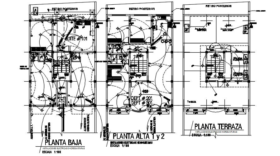 Electrical installation of 10x16m house plan is presented in this Autocad drawing file. Download the Autocad file.
