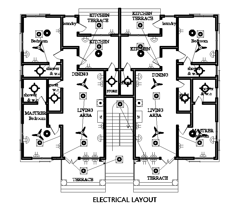 Electrical layout of 18x15m floor plan of residential building is given in this Autocad drawing model. Download the Autocad file.
