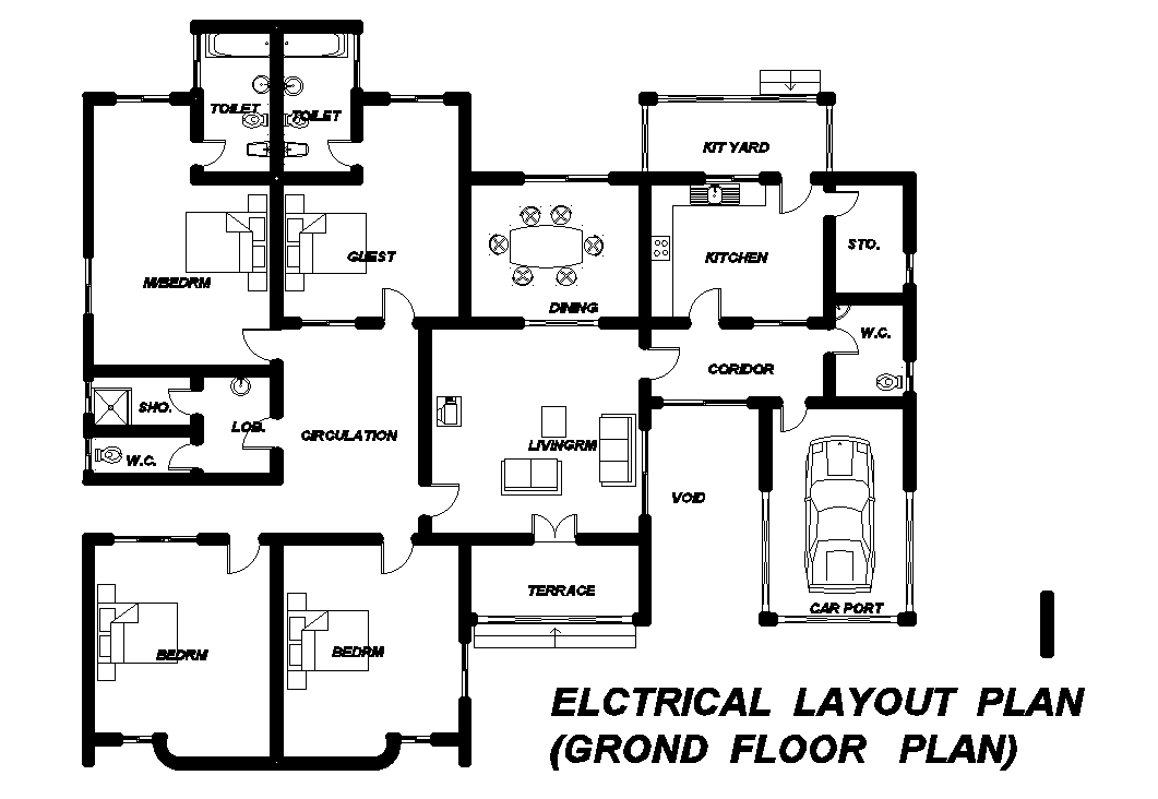 Electrical layout of 20x19m house plan is given in this Autocad drawing file. Download now.
