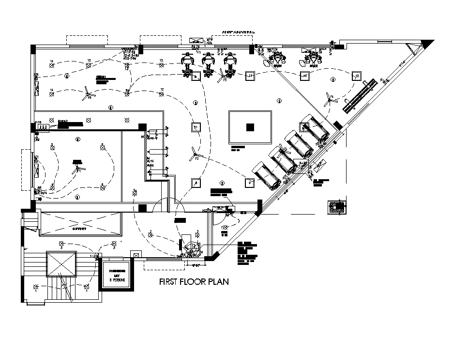 Electrical layout of the second floor plan of the club house is given in this Autocad file. Download now.