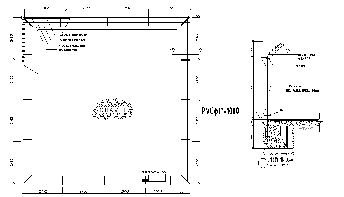 Electrical pole compound wall diagram with fencing and barbed wire.