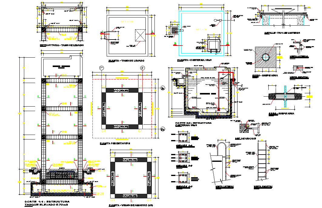 Elevated tank plan, elevation and section autocad file