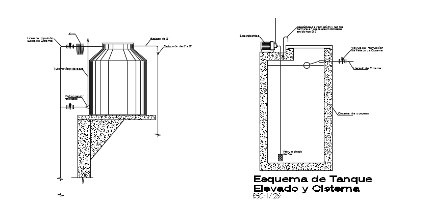 Elevated tank and cistern scheme AutoCAD drawing model