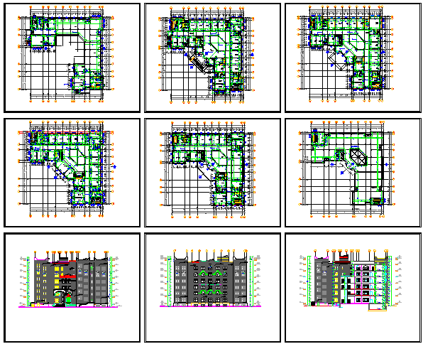 Elevation, section and floor plan details of administrative building dwg file