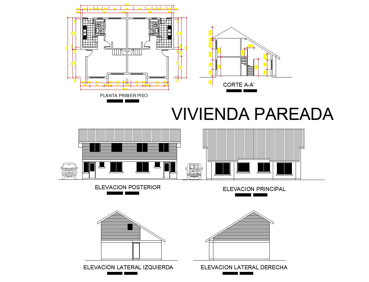 Elevation, section and plan family house semi-matched autoacd file