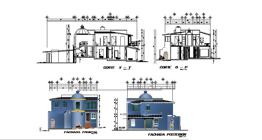Elevation Drawing of Villa in dwg file